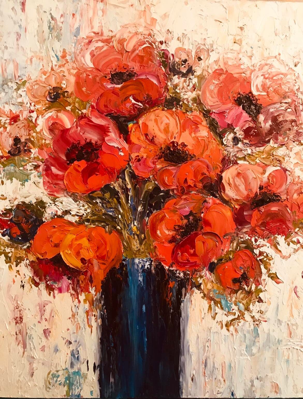 Red Poppies in Blue Vase