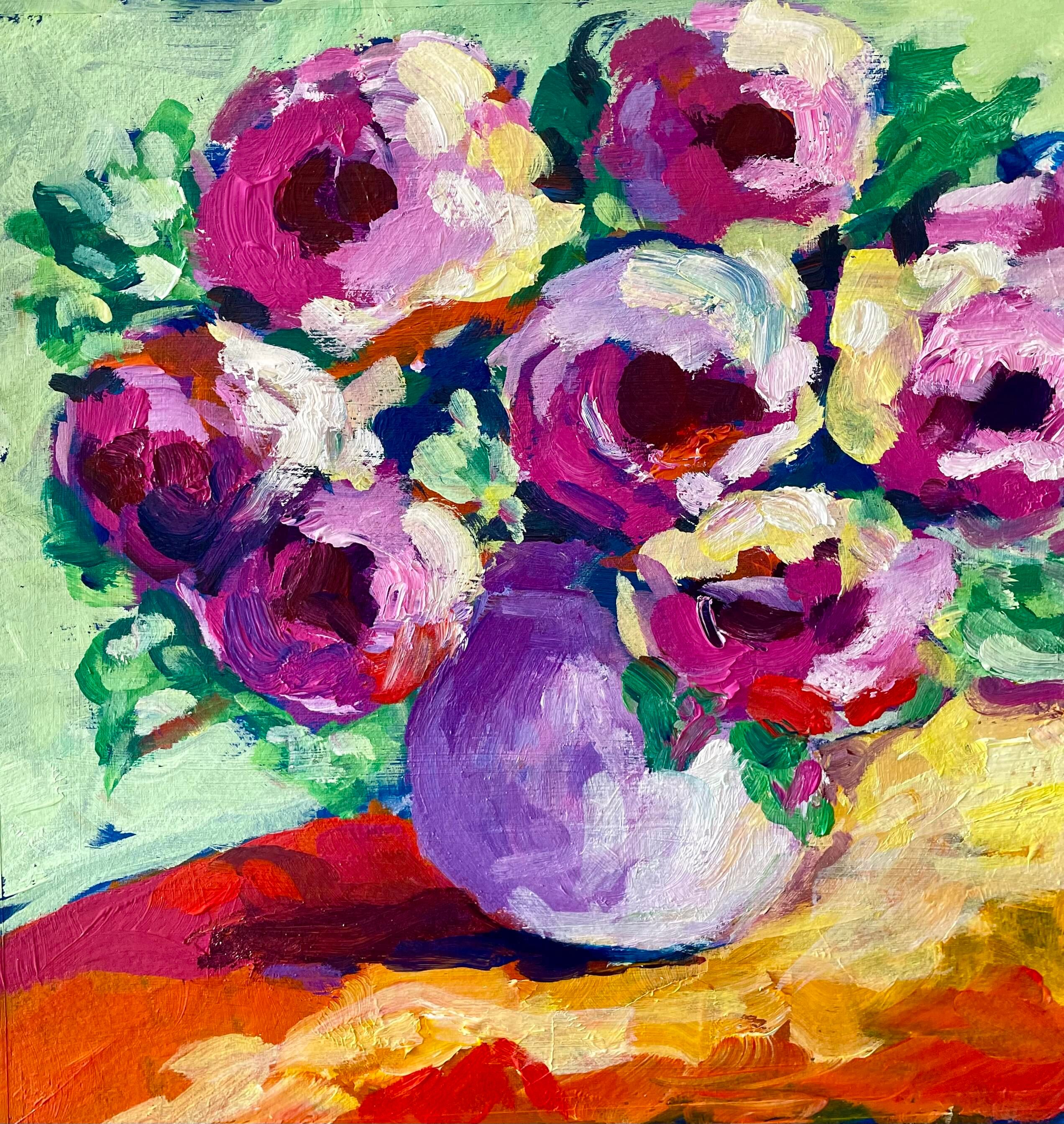 Pink Roses in Purple Vase