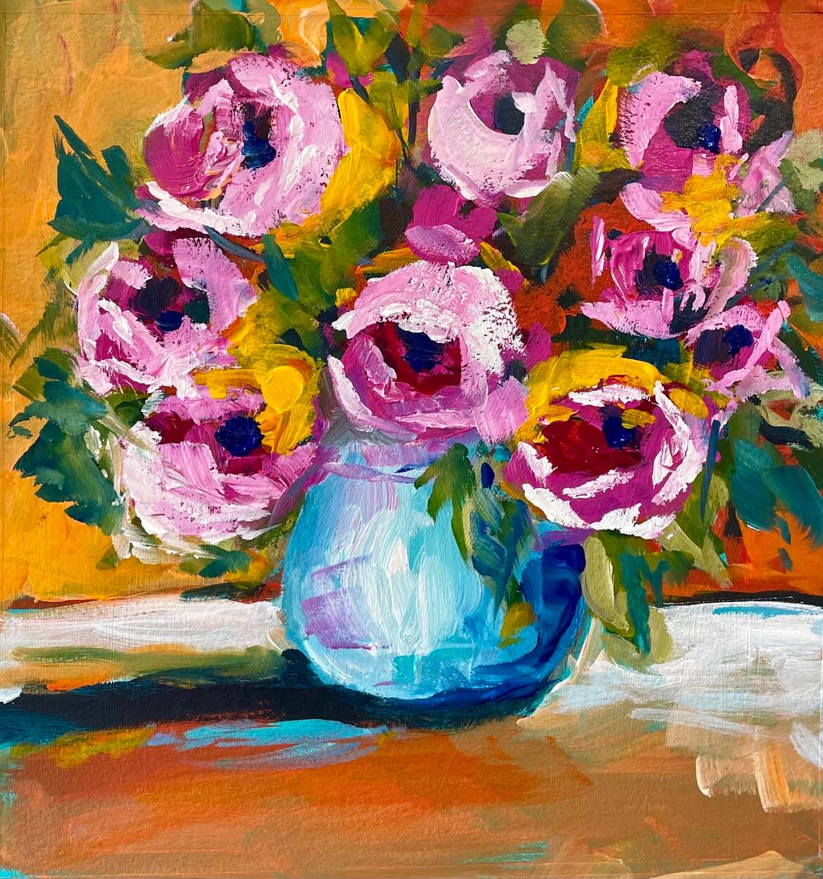 Pink Roses in Turquoise Vase