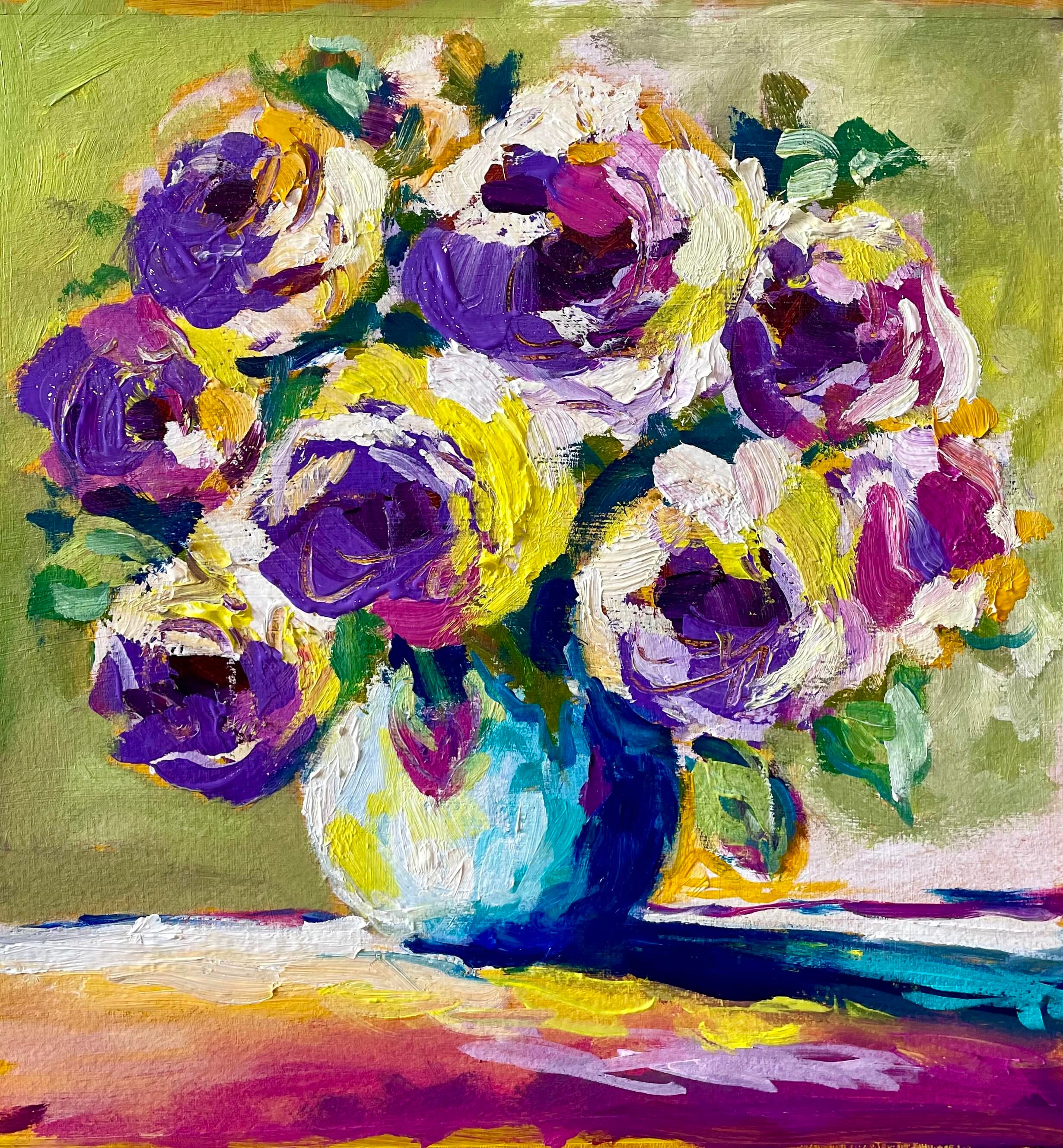 Purple Roses in Blue Vase